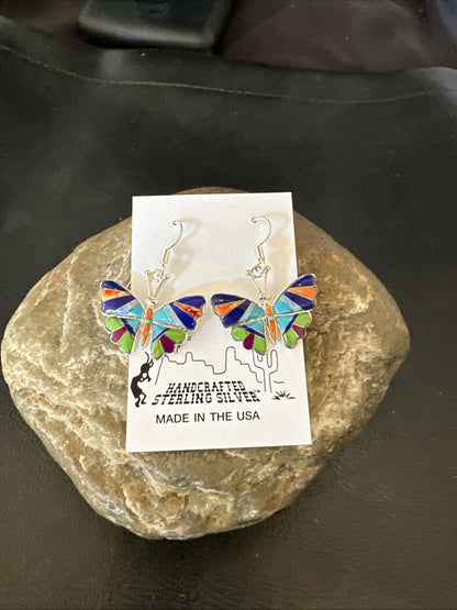 Butterfly Multicolor Spiny Lapis Opal Inlay Sterling Silver Earrings 19141