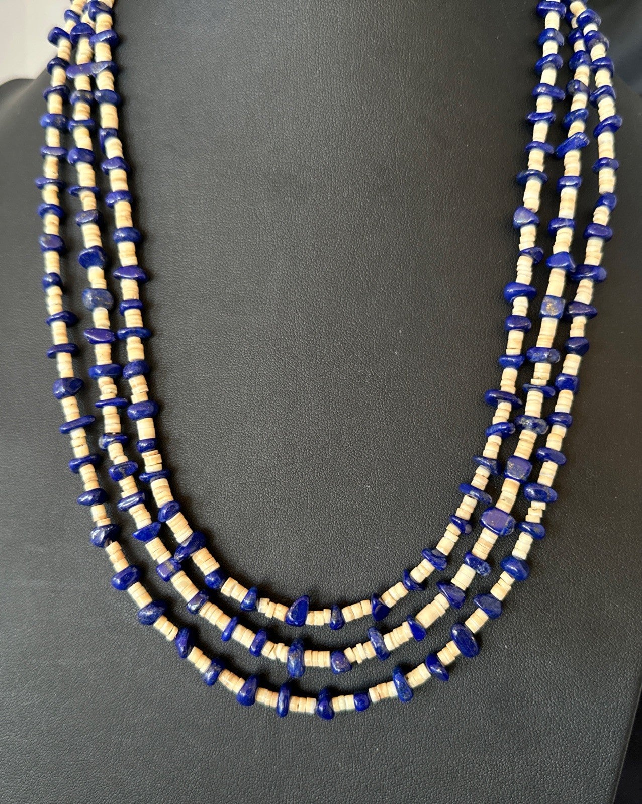 Blue Lapis Lazuli Tan Shell 3 Strand Navajo Sterling Silver Necklace 21” 19703