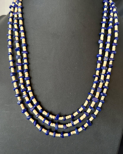 Blue Lapis Lazuli Tan Shell 3 Strand Navajo Sterling Silver Necklace 21” 19703
