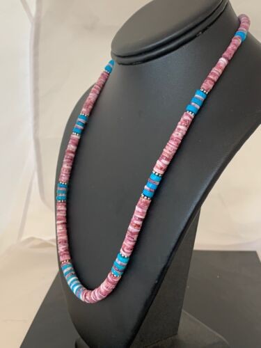 Navajo Turquoise & Spiny Oyster Necklace Sterling Silver 21" 4639