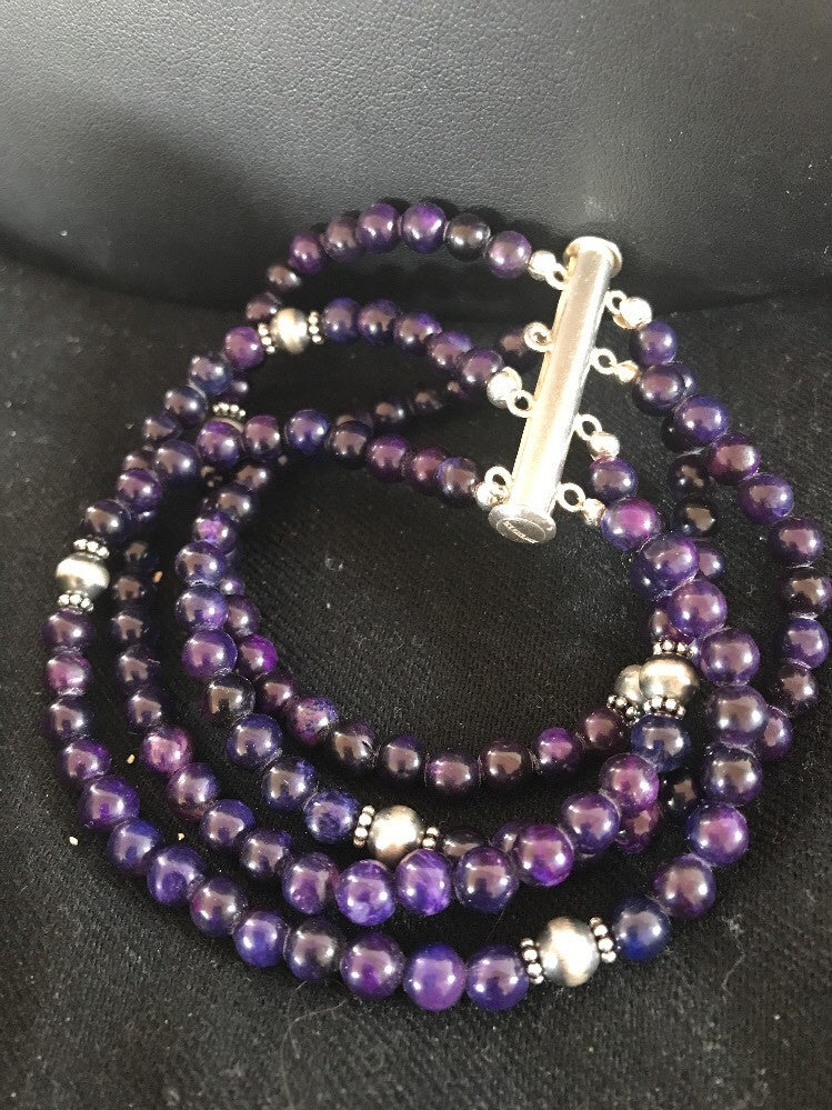 Purple Stone 4 Strands Navajo Indian Sterling Silver Bead Bracelet 10707