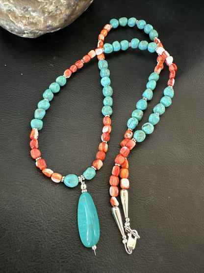 Red Spiny Oyster Blue Turquoise Navajo Sterling Silver Necklace 17954