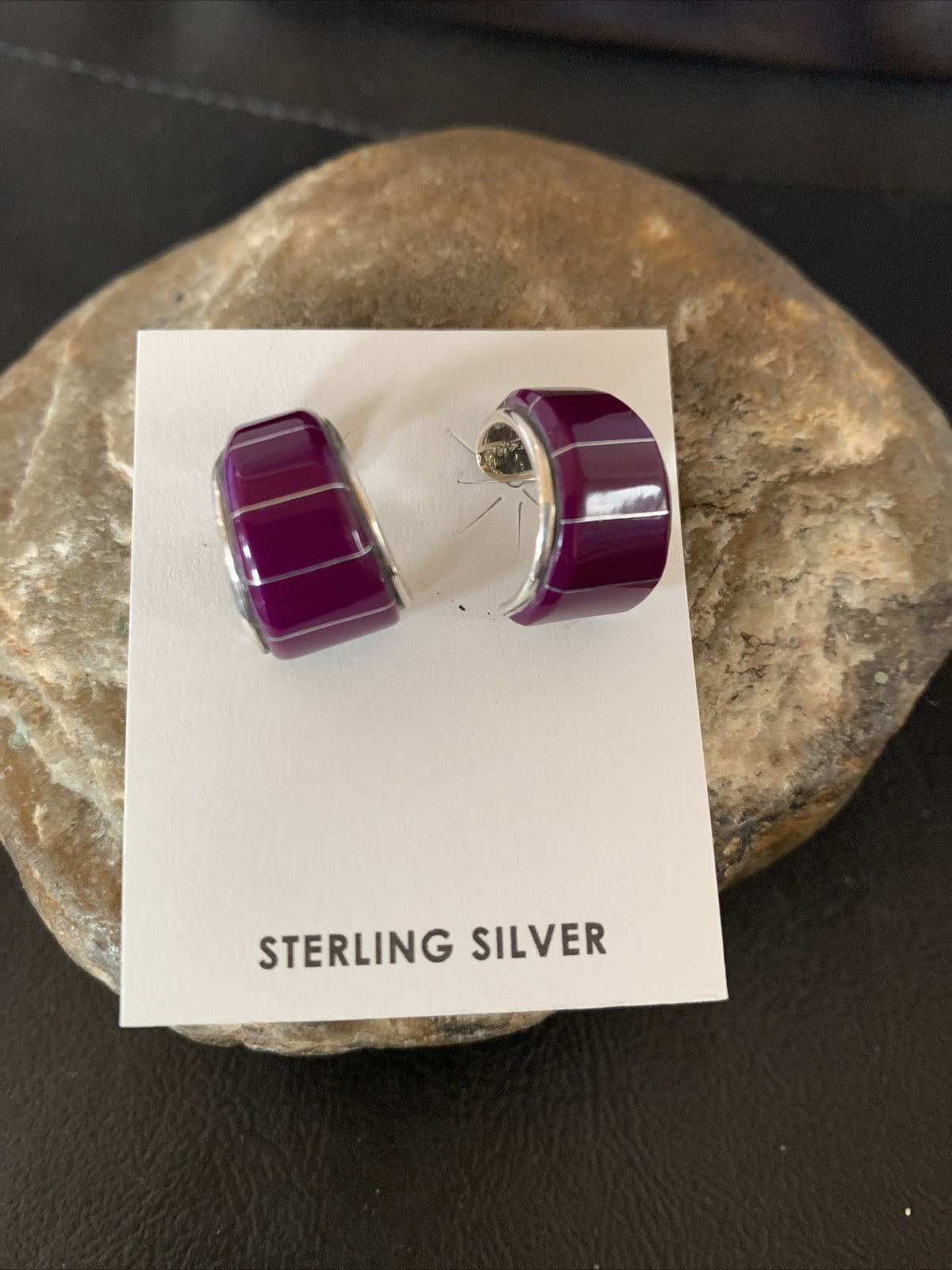 Purple Stone Navajo Sterling Silver Dangle Inlay Earrings 12908