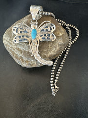 Navajo Dragonfly Blue Turquoise Necklace Pendant 3" | Sterling Silver | Authentic Native American Handmade | 18579