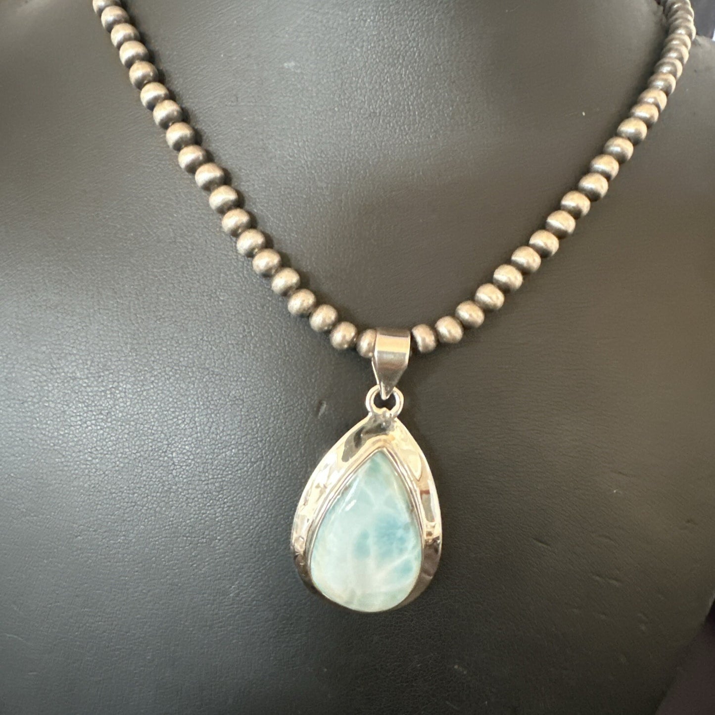Womens Blue Larimar Pendant Navajo Sterling Silver Beads Necklace 17717