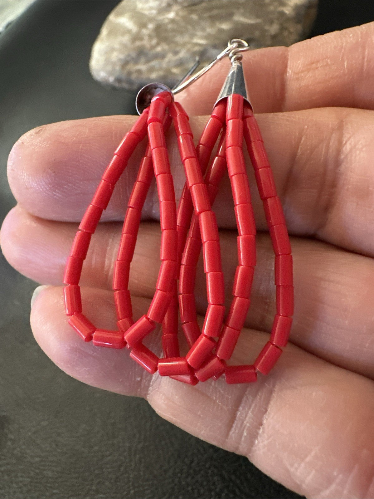 Native Red Coral Heishi Tube Liquid Sterling Silver Dangle Earrings 2" 4399