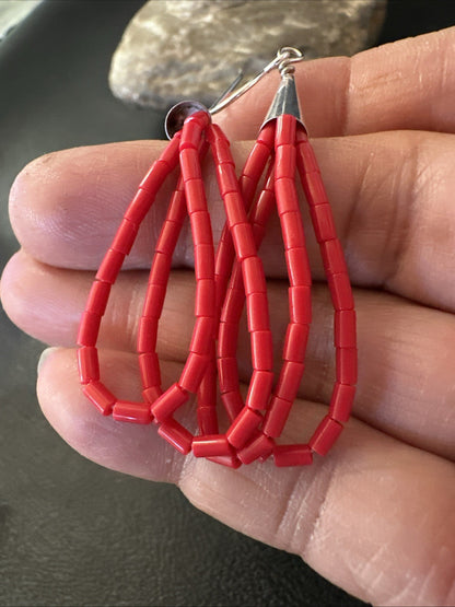 Native Red Coral Heishi Tube Liquid Sterling Silver Dangle Earrings 2" 4399