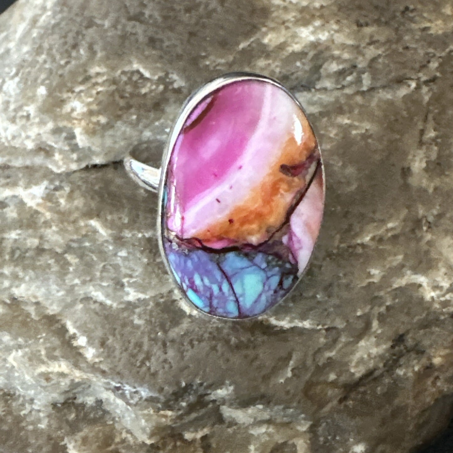 Blue Turquoise Spiny Oyster Southwestern Sterling Silver Ring Size 8 18438