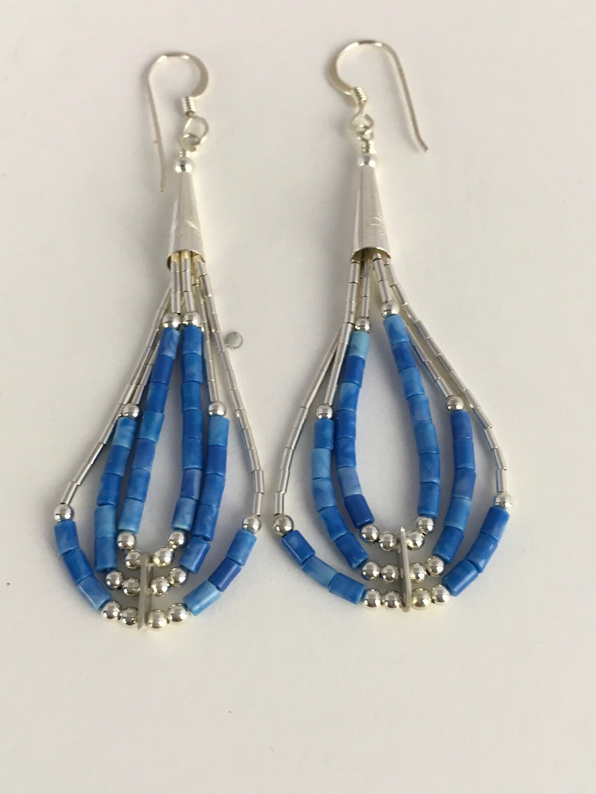 Blue Turquoise Heishi Tube Liquid Sterling Silver Dangle Earrings 2” 8873