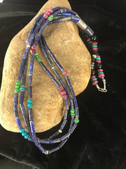 Denim Lapis Multi Strands Navajo Necklace 22" | Sterling Silver | Authentic Native American Handmade | 03342