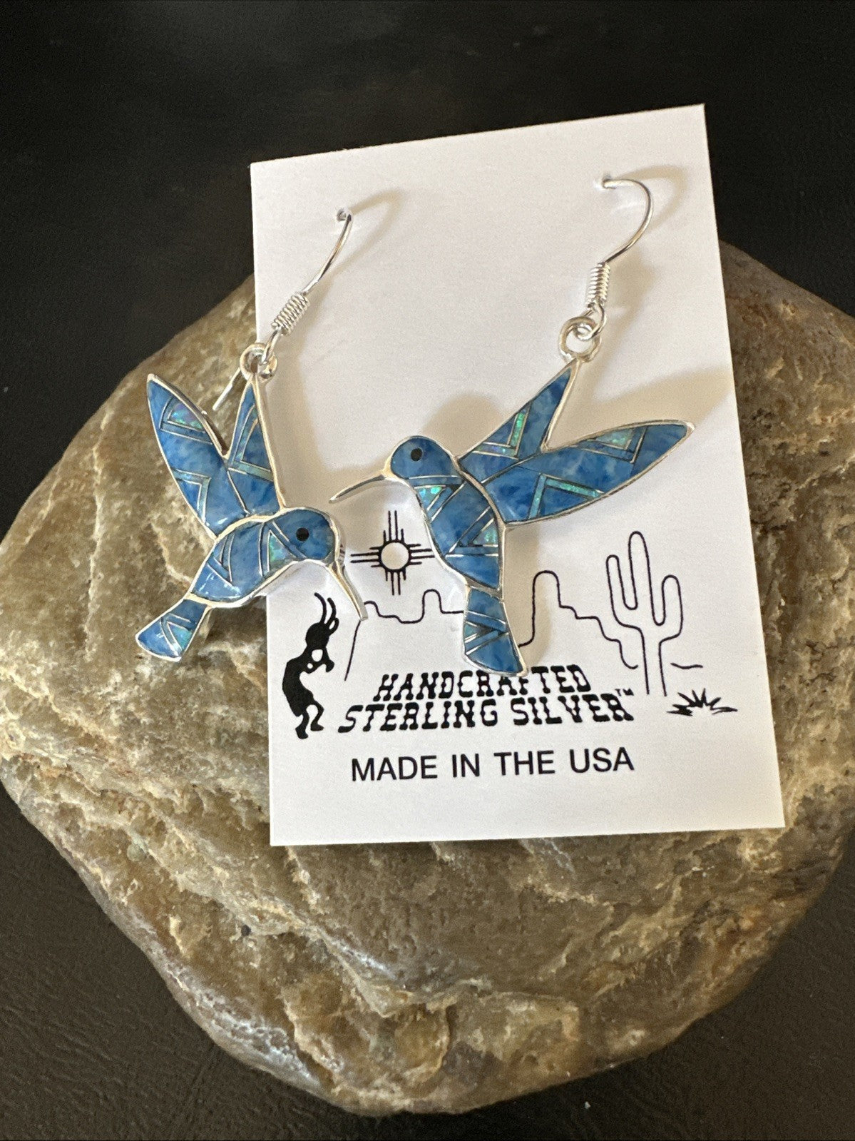 Blue Denim Lapis Opal Sterling Silver Hummingbird Dangle Earrings 19142