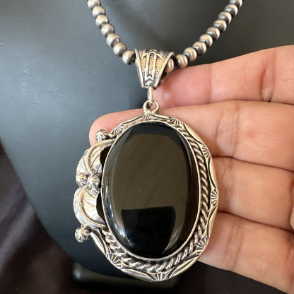 Mens Womens Black Onyx Pendant Navajo Sterling Silver Beads Necklace 18305