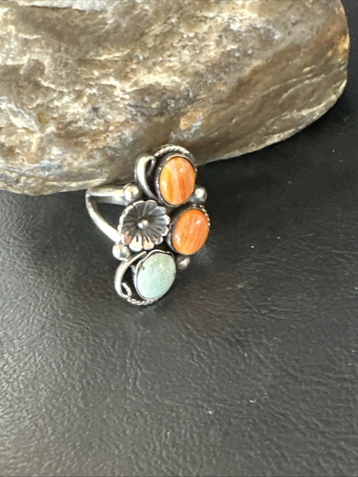 Multicolor Ring Turquoise Spiny Navajo Sterling Silver Cluster Size 8.5 19188
