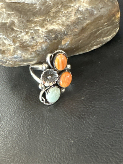 Multicolor Ring Turquoise Spiny Navajo Sterling Silver Cluster Size 8.5 19188