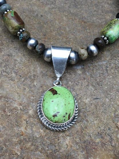 Green Gaspeite Pendant Turquoise Navajo Sterling Silver Necklace 22" 2818