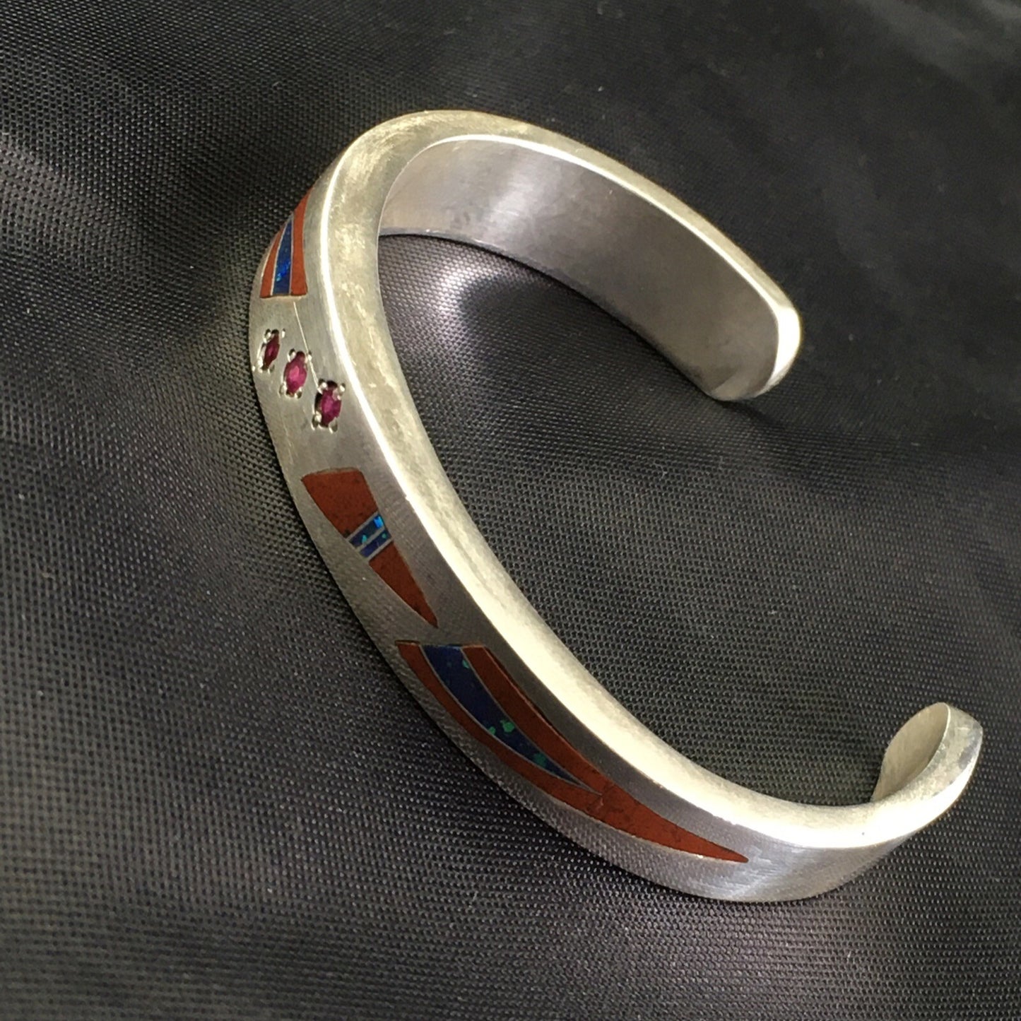 Coral, Lapis Ruby Navajo Sterling Silver Inlay Bracelet 1982