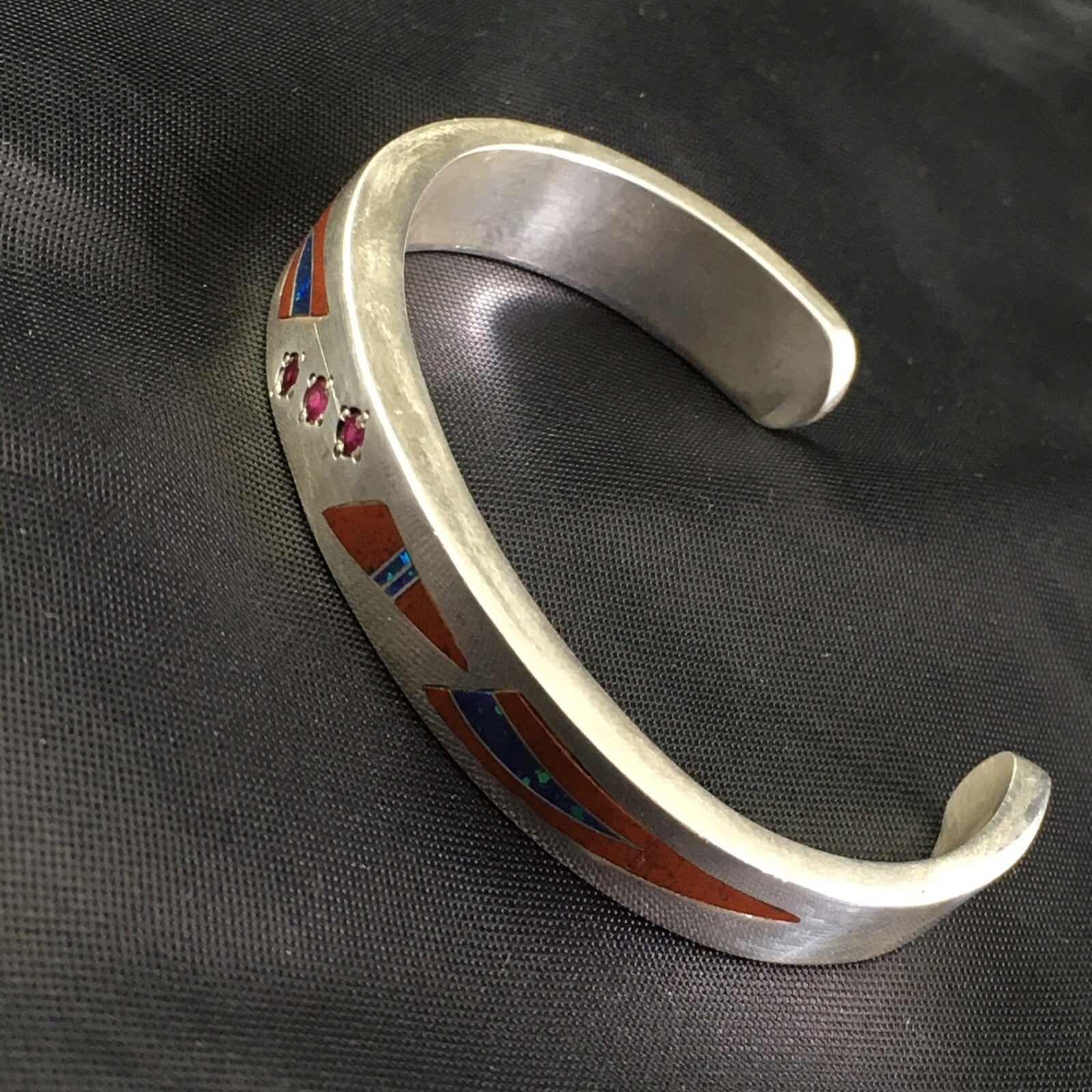 Coral, Lapis Ruby Navajo Sterling Silver Inlay Bracelet 1982