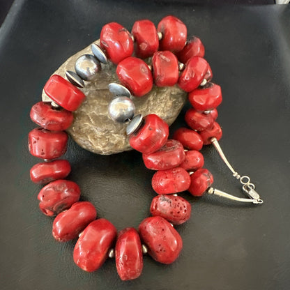 Chunky Navajo Red Bamboo Coral Sterling Silver Bead Necklace 24” Graduated 19532