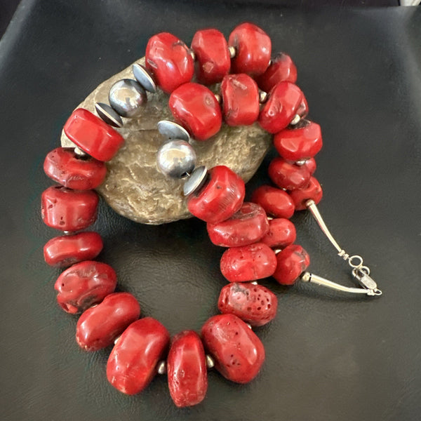 Chunky Navajo Red Bamboo Coral Bead Necklace 24"Graduated | Sterling Silver | Authentic Native American Handmade | 19532