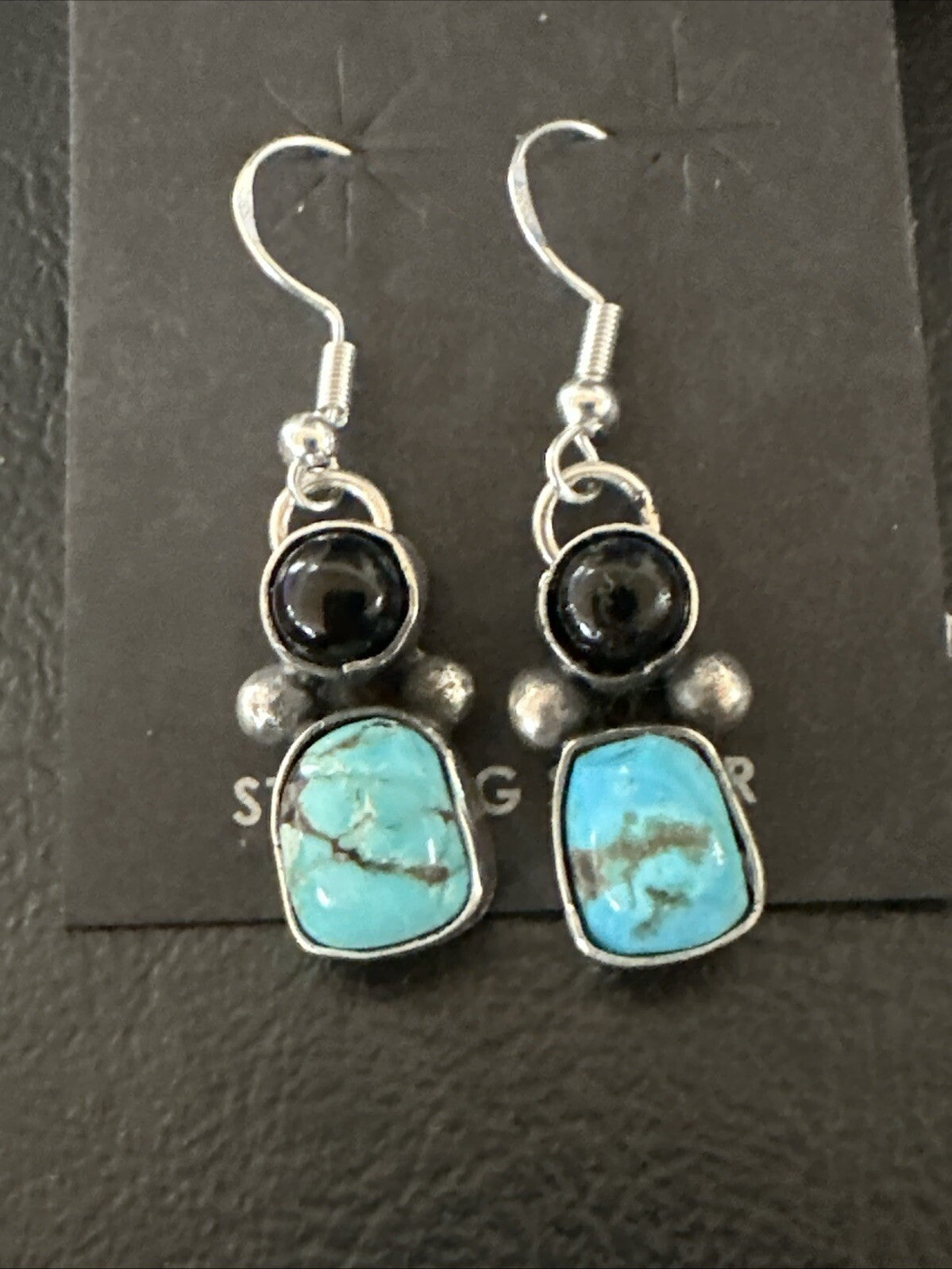Handmade Kingman Turquoise Onyx Navajo Sterling Silver Dangle Earrings 18847