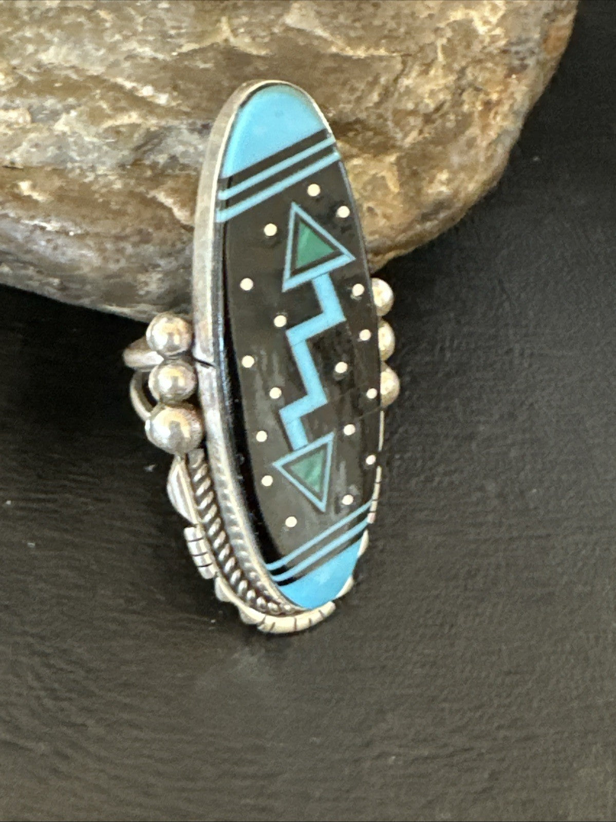 Cosmic Inlay Black Onyx Blue Turquoise Navajo Sterling Silver Ring Sz 9.5 19790
