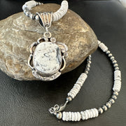 White Buffalo Turquoise Pendant Navajo Pearls Necklace 20" | Sterling Silver | Authentic Native American Handmade | 19496