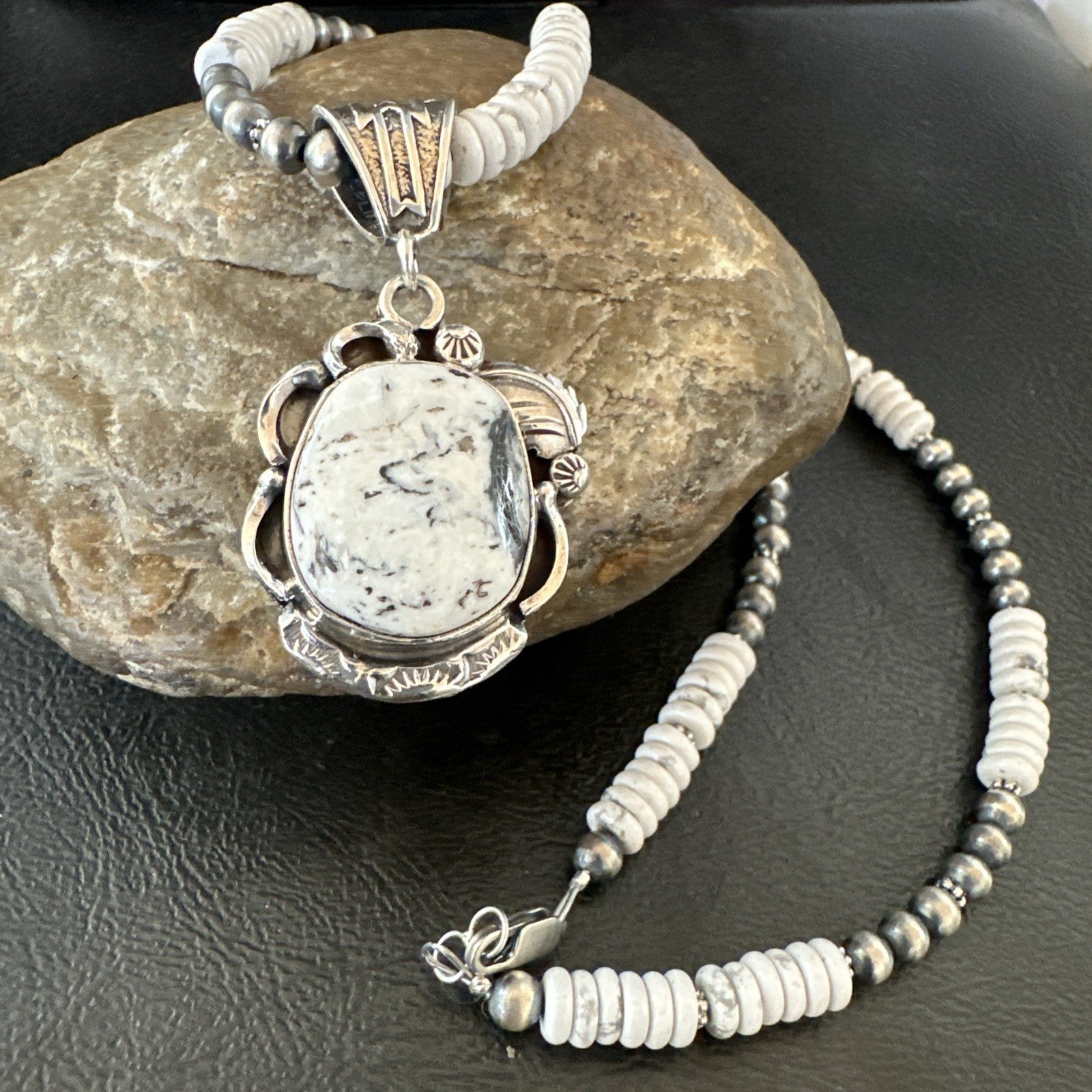 White Buffalo Turquoise Pendant Navajo Pearls Sterling Silver Necklace 20” 19496