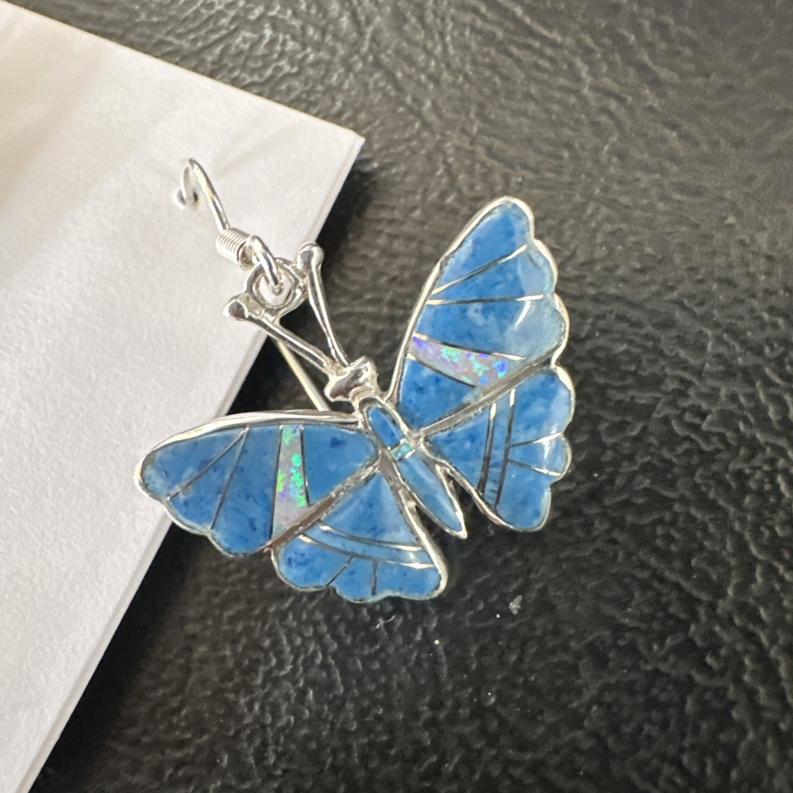 Butterfly Blue Denim Lapis Opal Inlay Sterling Silver Dangle Earrings 19138