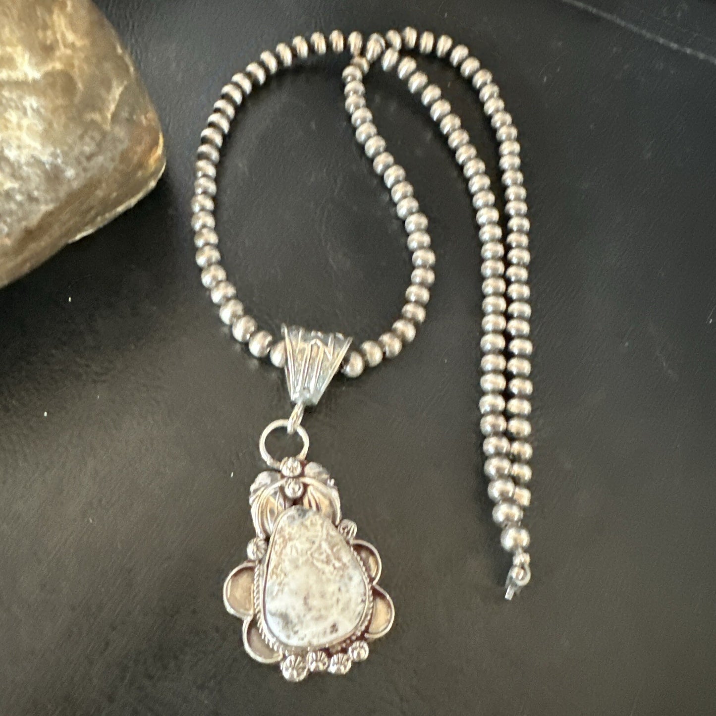 White Buffalo Turquoise Pendant  Sterling Silver Beads Necklace 17986