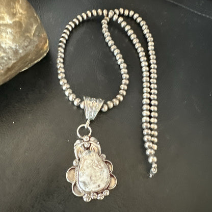 White Buffalo Turquoise Pendant  Sterling Silver Beads Necklace 17986