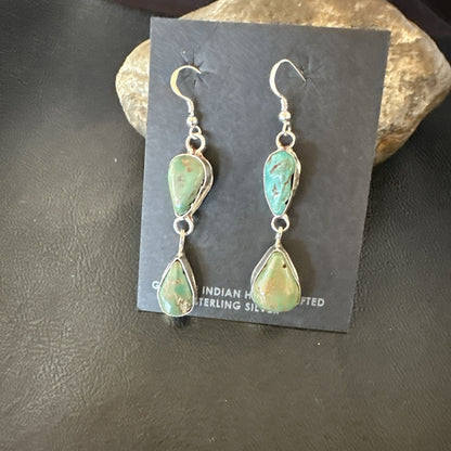 Green Royston Turquoise Navajo Sterling Silver Dangle Earrings 19416