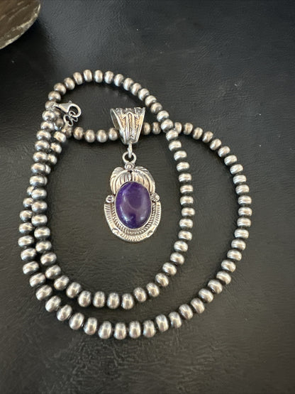 Purple Stone Pendant Navajo Pearls Sterling Silver Necklace 20” 18049