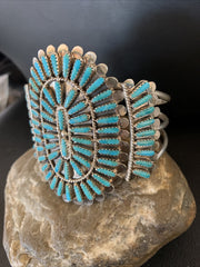 Blue Turquoise Zuni Cluster Cuff Bracelet | Sterling Silver | Authentic Native American Handmade | 12333
