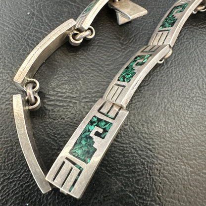 Taxco Turquoise Chip Inlay Sterling Silver Choker Old Pawn Bracelet 7” 19795