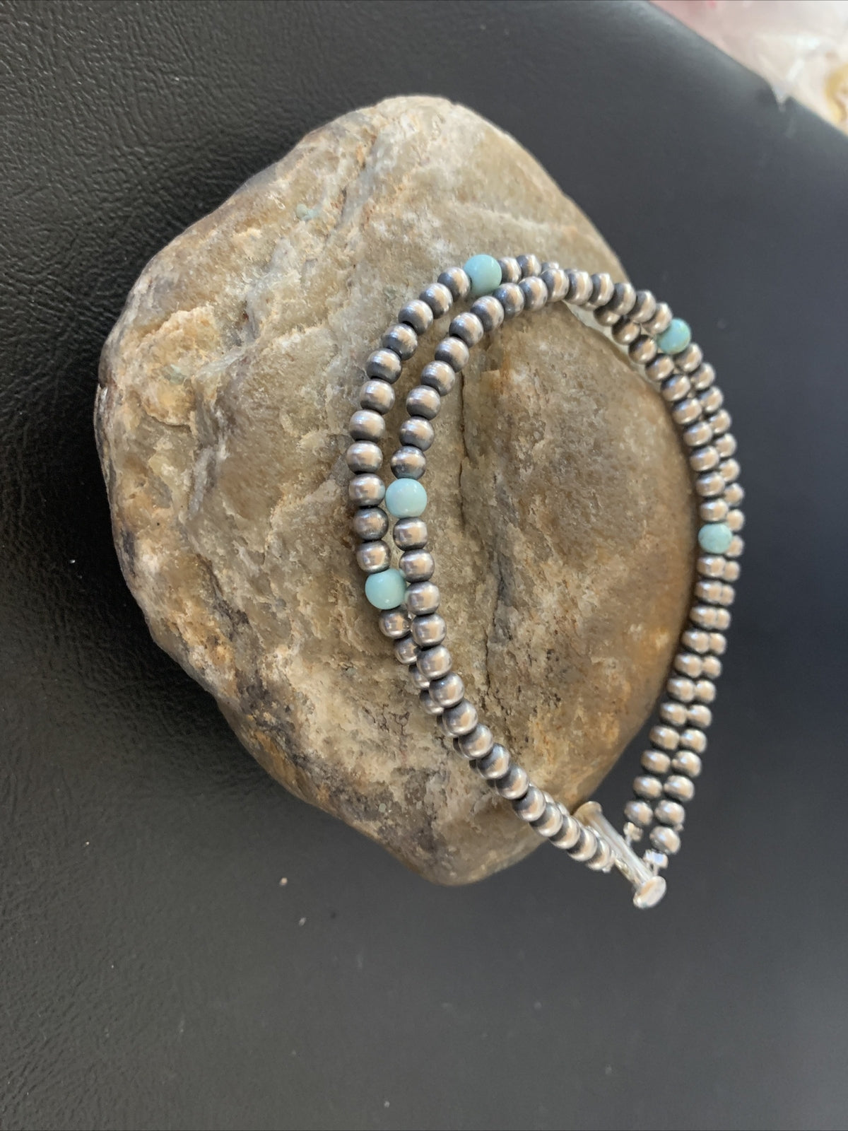 Navajo Sterling Silver Beads Blue Turquoise Bracelet 2 Strand 10083