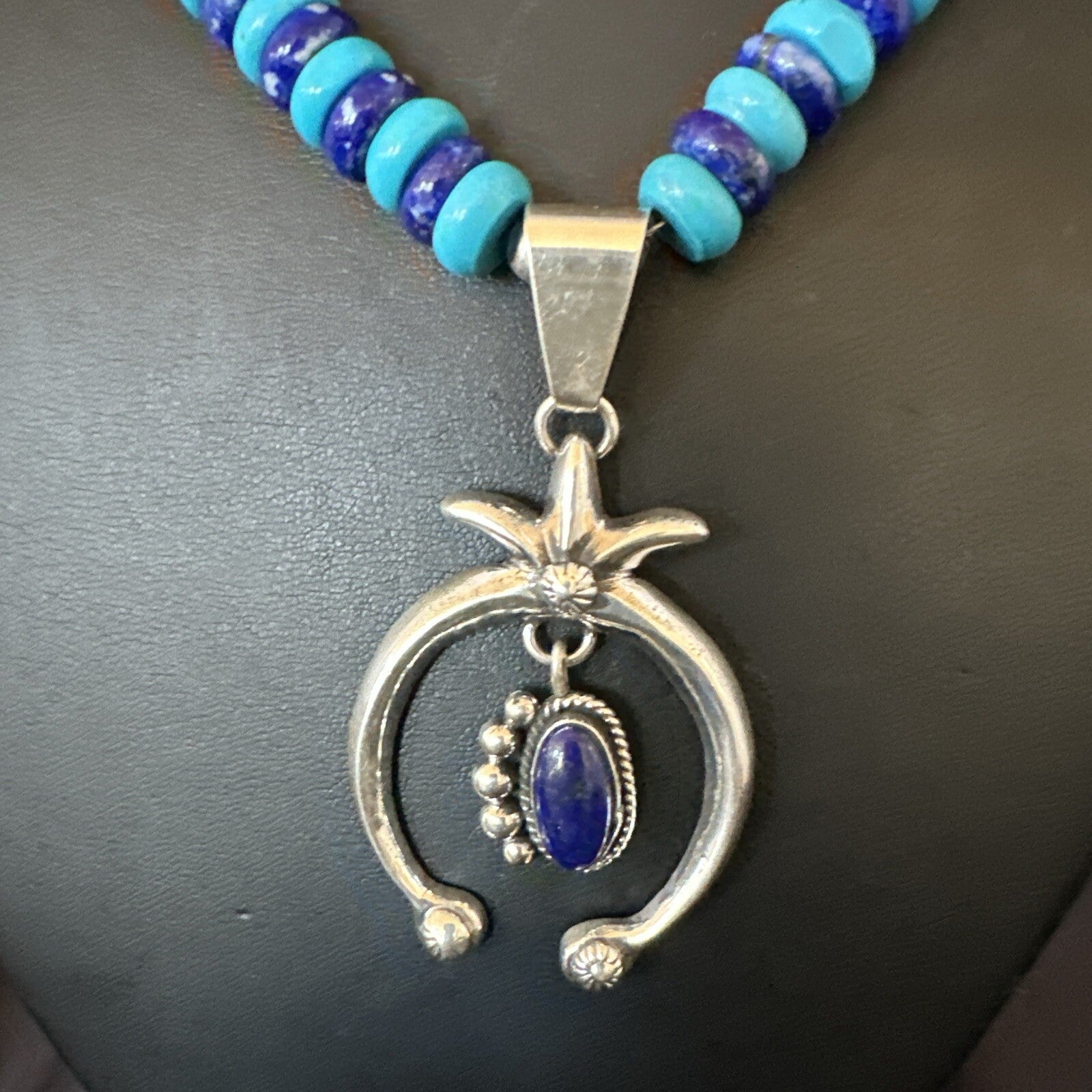 Mens Blue Lapis Turquoise Naja Pendant Navajo Sterling Silver Necklace 21" 17689