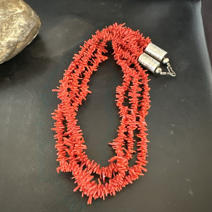 Navajo Indian 3S Red Natural Branch Coral Sterling Silver Necklace 17710