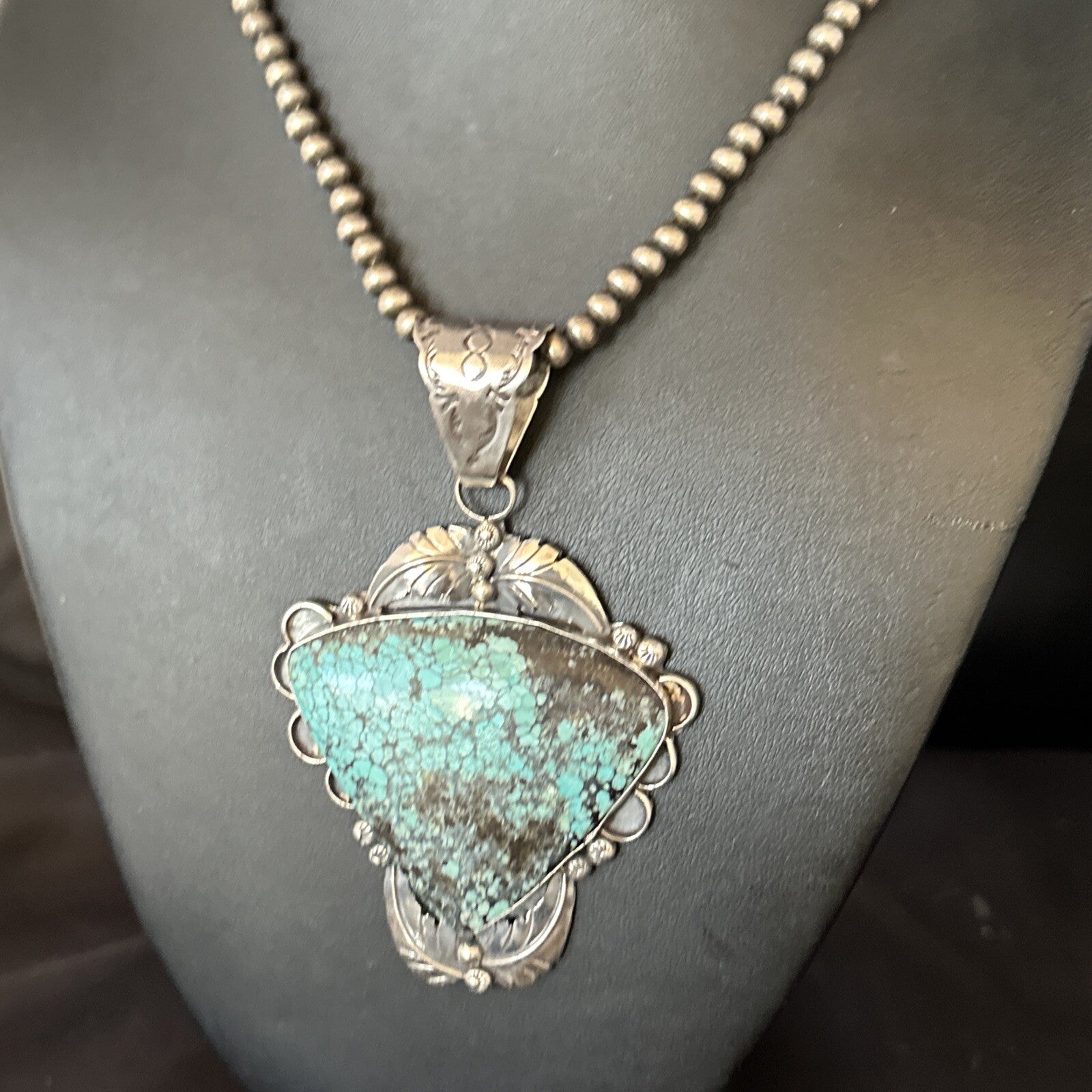 Blue Spiderweb Turquoise Pendant Navajo Pearls Sterling Silver Necklace 14807