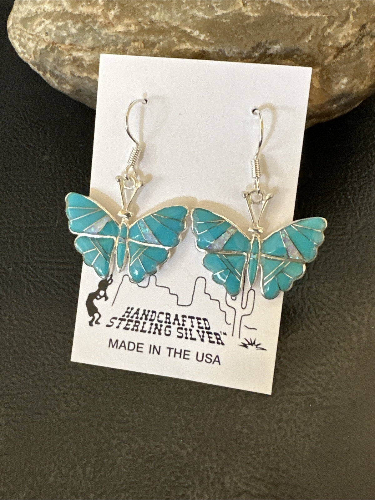 Butterfly Blue Turquoise Opal Inlay Sterling Silver Dangle Earrings 19137