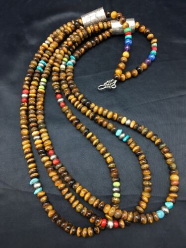 Navajo Tiger's Eye & Turquoise 3 Strand Necklace Sterling Silver 26" 4174