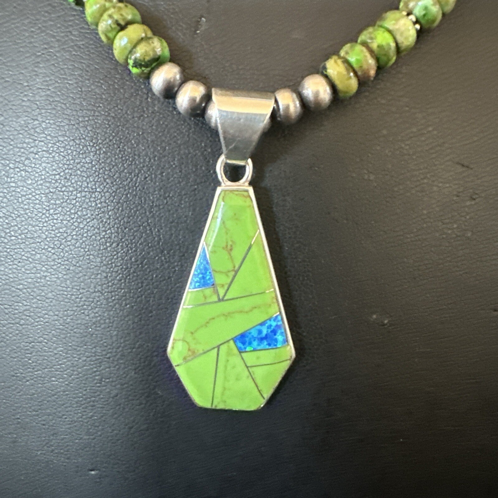 Green Gaspeite & Turquoise Pendant Navajo Pearls Sterling Silver Necklace 18179