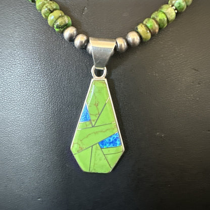 Green Gaspeite & Turquoise Pendant Navajo Pearls Sterling Silver Necklace 18179