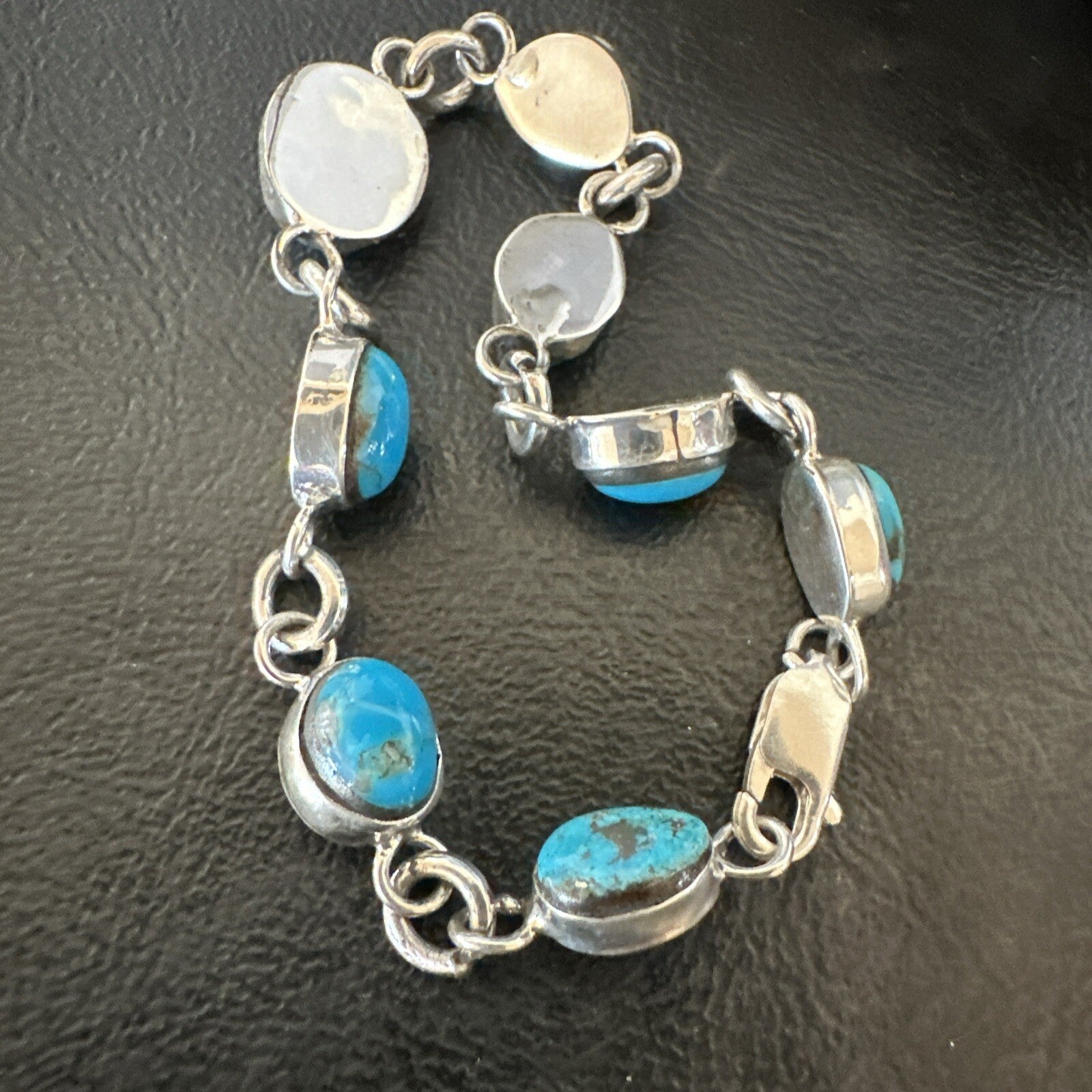 Blue Kingman Turquoise Navajo Sterling Silver Link Bracelet 8” 18301