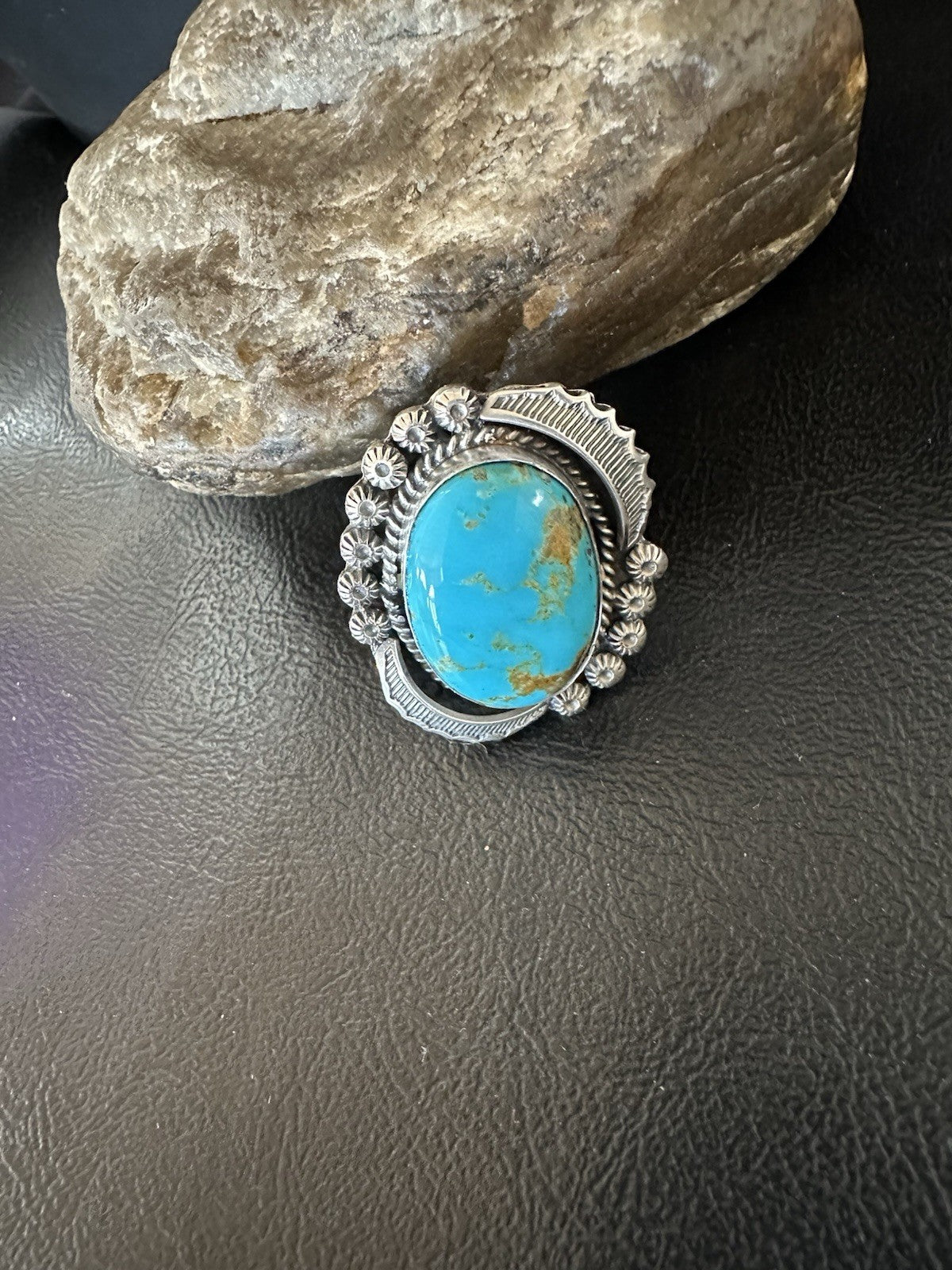 Mens Blue Kingman Turquoise Navajo Sterling Silver Adjustable Ring Size 9 19417