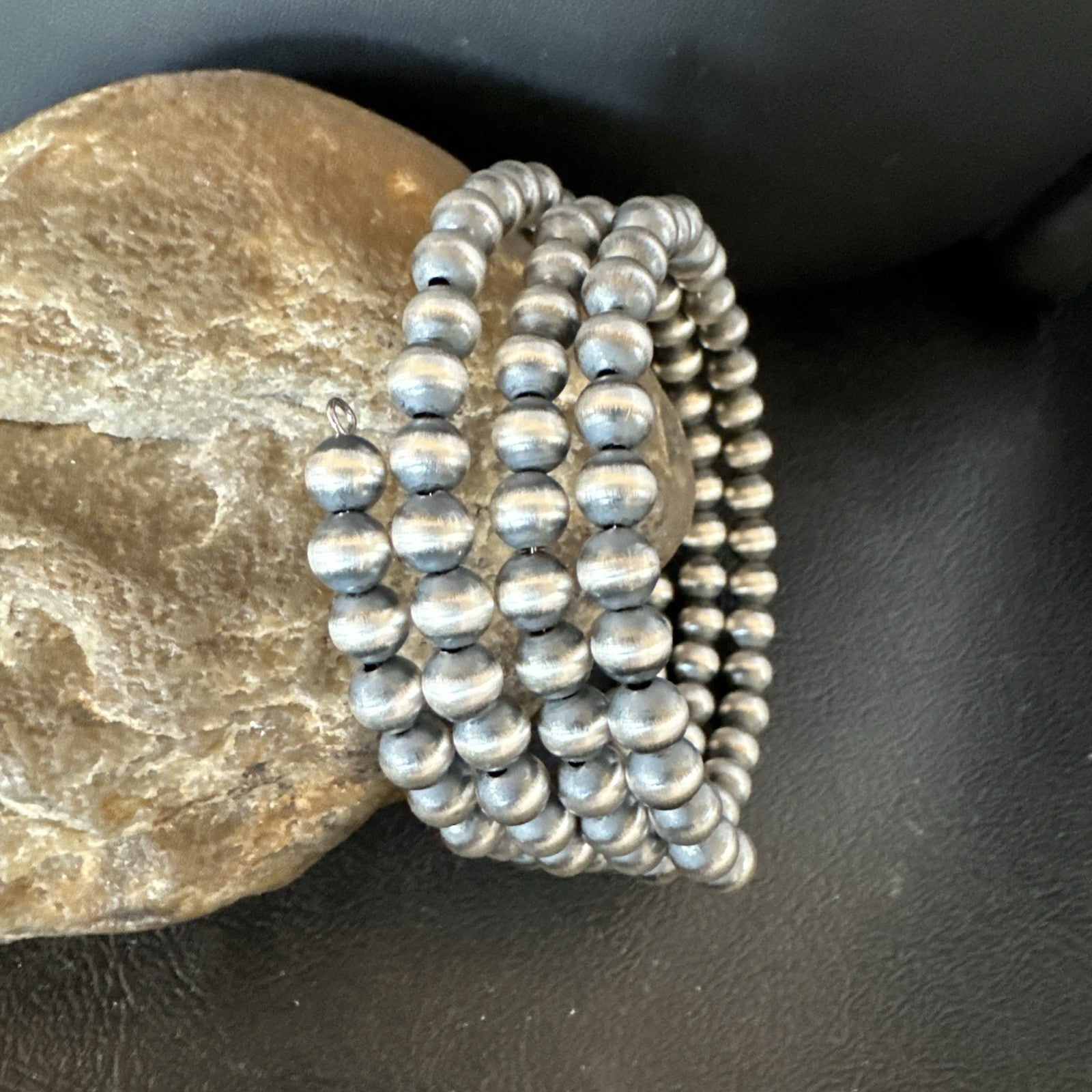 Sterling Silver Navajo Pearls 6mm Beads Stainless Steel Wire Wrap Bracelet 19021