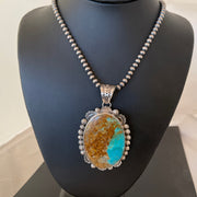 Blue Kingman Turquoise Pendant Navajo Pearls Necklace | Sterling Silver | Authentic Native American Handmade | 01310