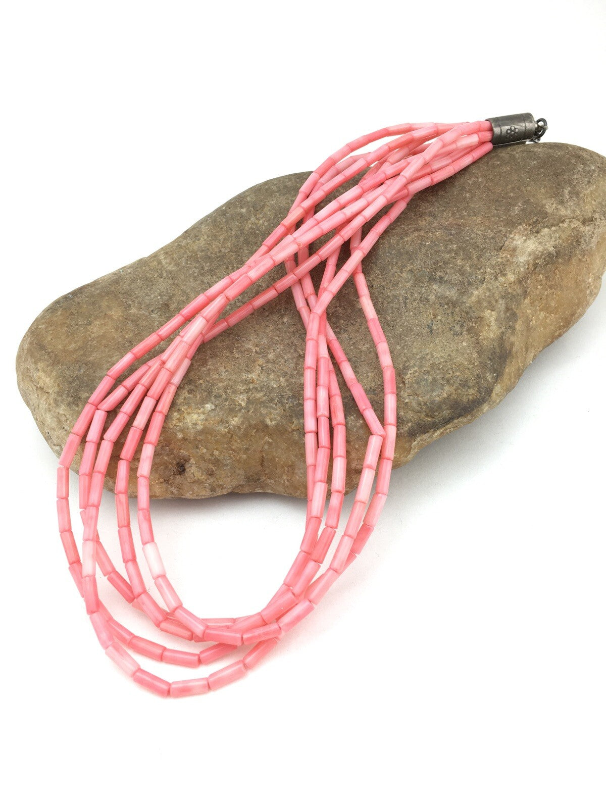 Pink Coral Tube Heishi Bead 5 Strand Navajo Sterling Silver Necklace 19" 1102
