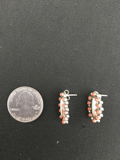 Red Coral Zuni Cluster Sterling Silver Earrings 0.75" 01094