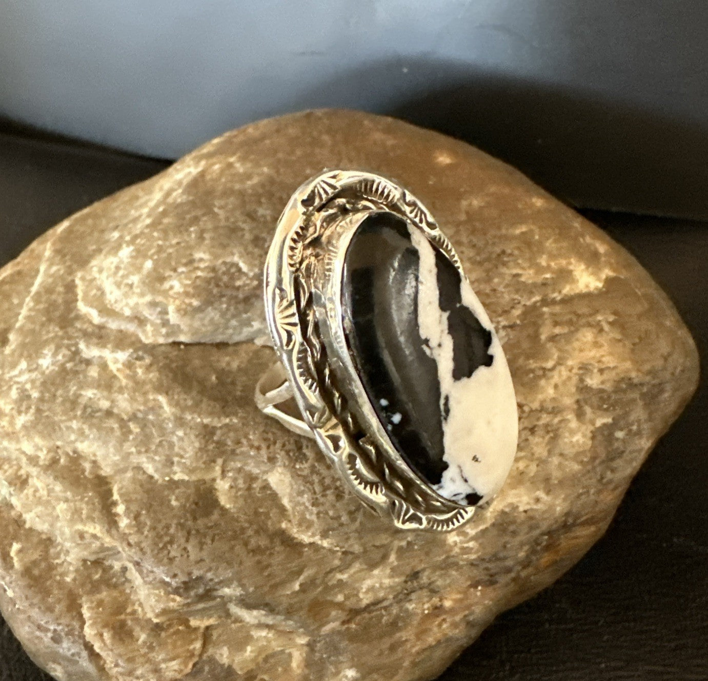 Black White Buffalo Turquoise Navajo Sterling Silver Ring Size 9 19808