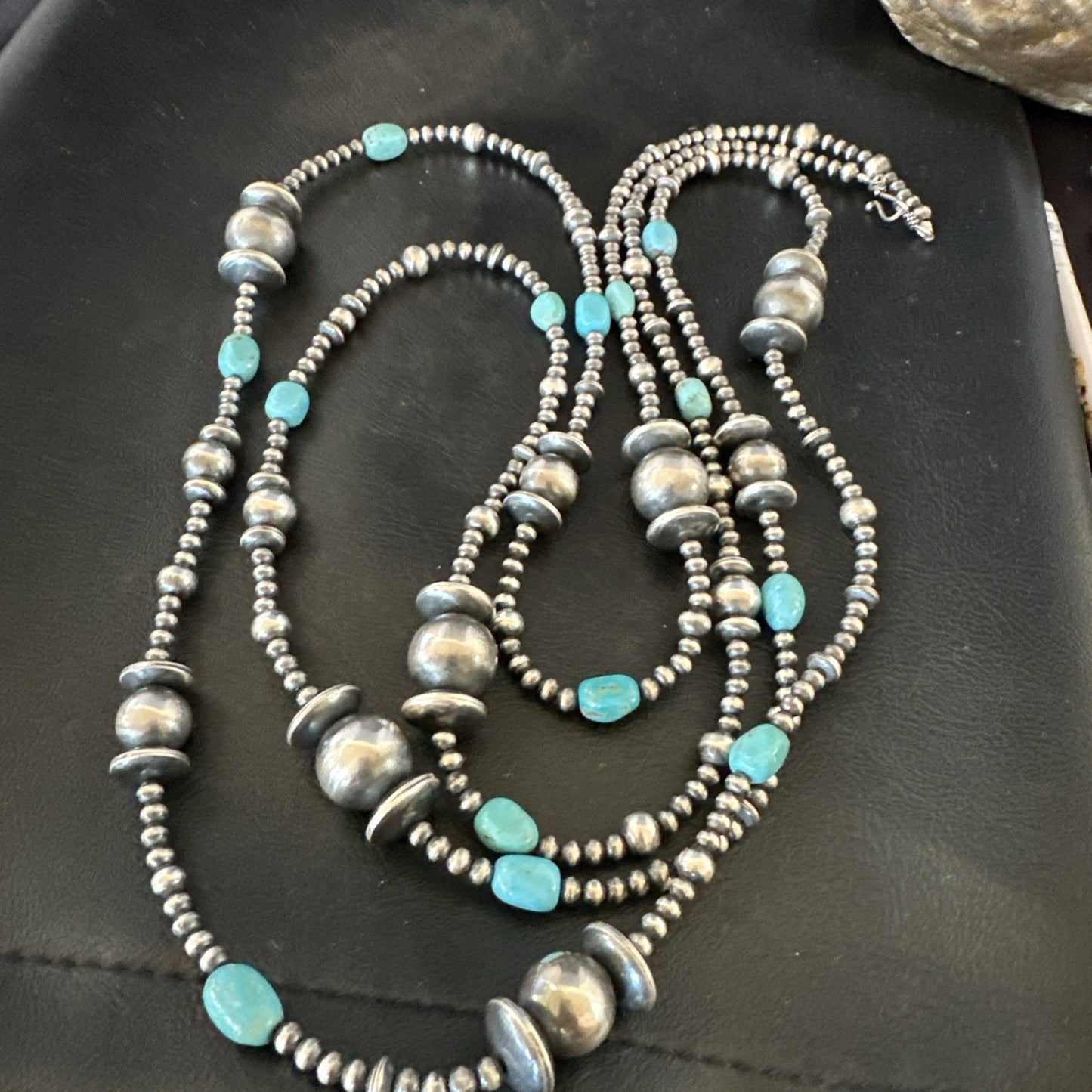 Native Navajo Sterling Silver Beads Blue Turquoise 72 in Necklace 19117